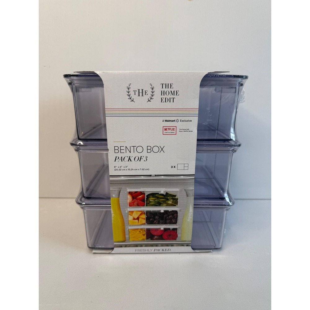 The Home Edit Bento Box 3 Pack Clear Plastic Food Storage Containers 8x6x3 NEW